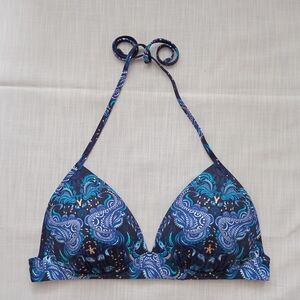 La Vie En Rose Bikini Top Swimsuit Top Blue Colorful Paisley Stylish NWOT Size L